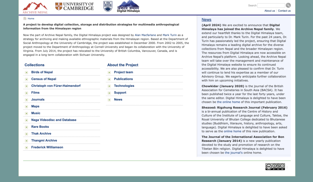 Digital Himalaya homepage showing university and archive logos, a list of cultural and historical collections, project information, and a news section in a three-column layout.