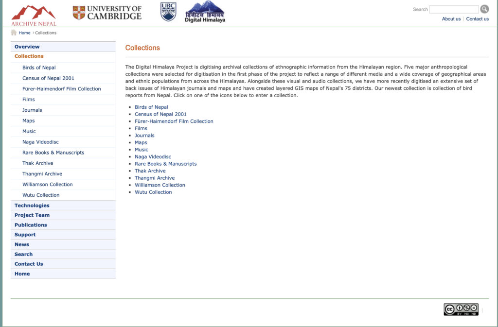 Digital Himalaya collections page featuring a left navigation sidebar and links to Birds of Nepal, Census of Nepal 2001, the Fürer-Haimendorf Film Collection, films, journals, maps, and other archives.