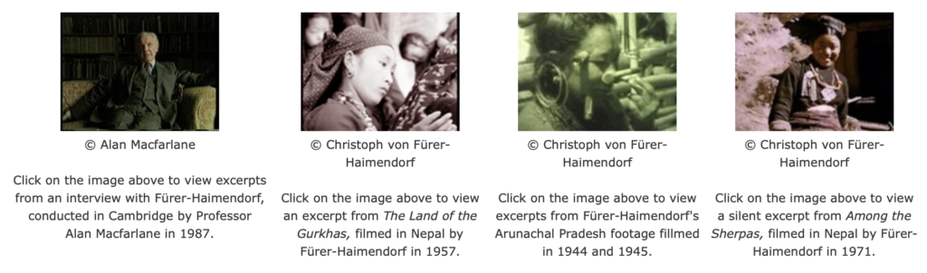 Four historical film thumbnails from the Fürer-Haimendorf Collection, showing an interview with an anthropologist and archival footage of Himalayan communities.