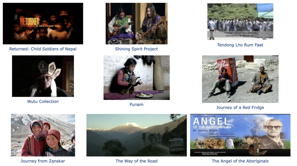 Digital Himalaya film gallery displaying documentary thumbnails, including Returned: Child Soldiers of Nepal, Shining Spirit Project, Journey from Zanskar, and The Angel of the Aboriginals.