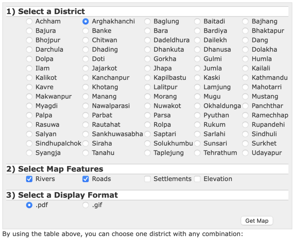 Digital Himalaya interactive map tool with district radio buttons, checkboxes for rivers, roads, settlements, and elevation, and options to download maps in PDF or GIF format.