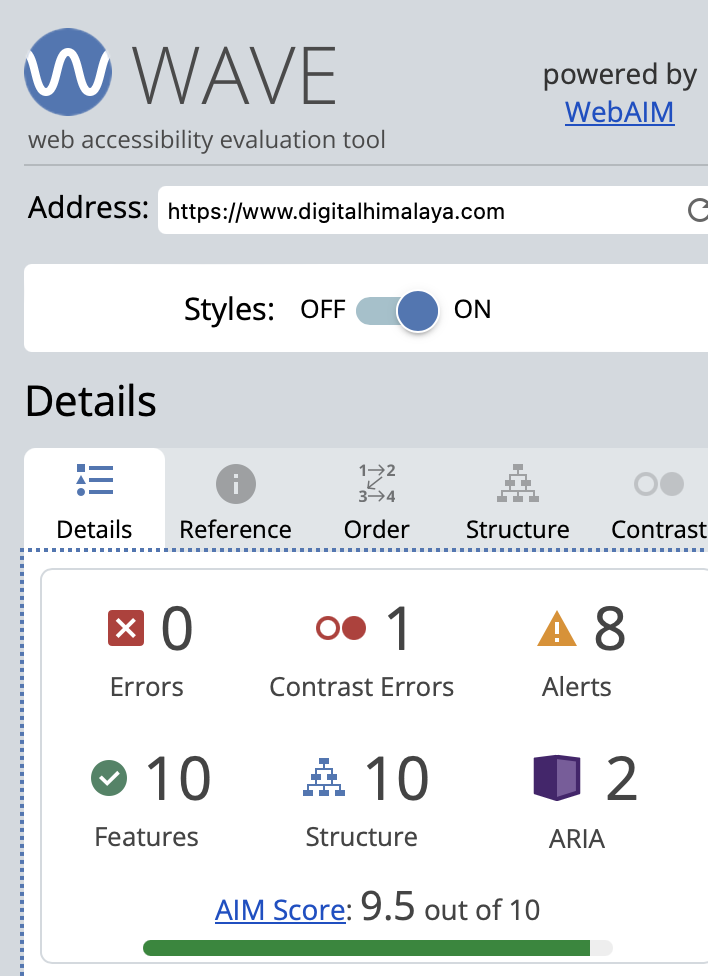 WAVE accessibility evaluation of the Digital Himalaya homepage showing an AIM score of 9.5 out of 10, zero errors, one contrast error, eight alerts, ten features, ten structural elements, and two ARIA elements.